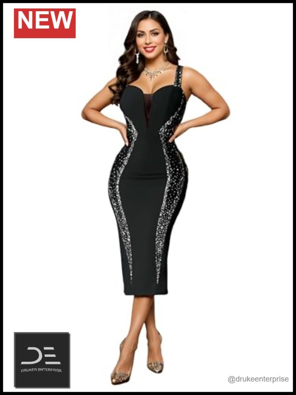 Sparkly Rhinestone Sequin Bodycon Midi Dress Back Slit Formal Cocktail